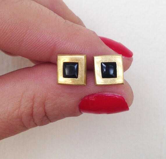 Black Onyx Earrings - December Birthstone - Simple Square Stud Earrings with Black Onyx Gemstones - H.L.Jewelry