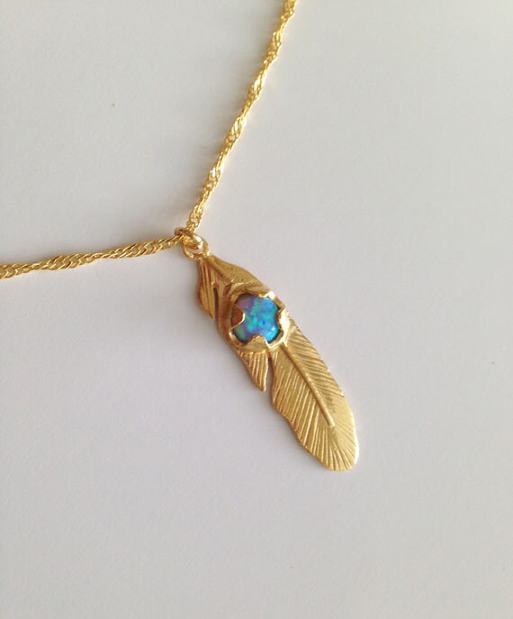 Feather Necklace - Simple Delicate Chain Feather Necklace with Round Blue Opal - H.L.Jewelry