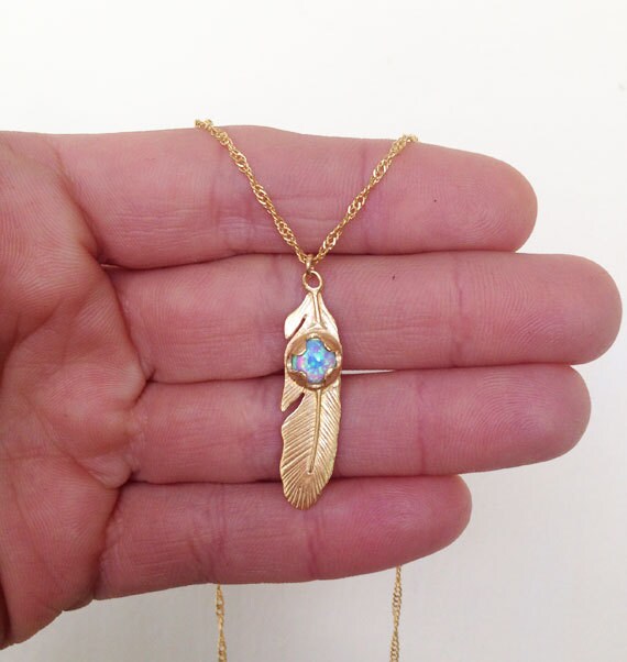 Feather Necklace - Simple Delicate Chain Feather Necklace with Round Blue Opal - H.L.Jewelry