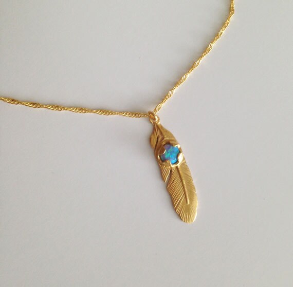 Feather Necklace - Simple Delicate Chain Feather Necklace with Round Blue Opal - H.L.Jewelry