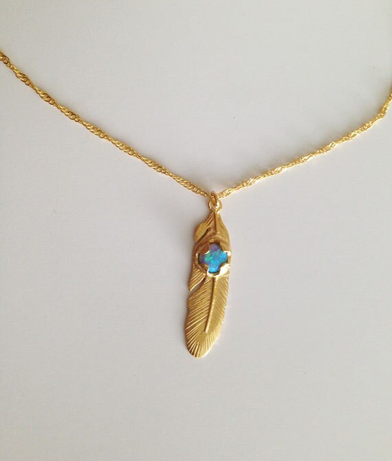 Feather Necklace - Simple Delicate Chain Feather Necklace with Round Blue Opal - H.L.Jewelry