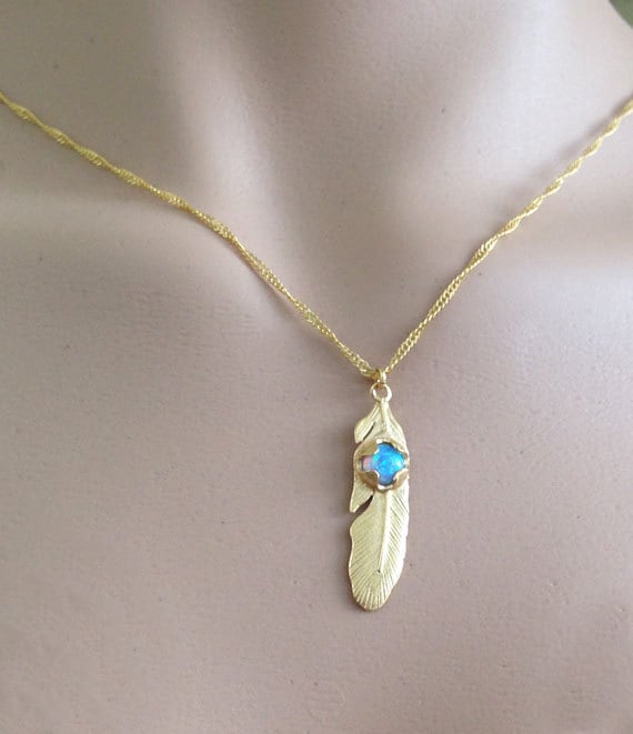 Feather Necklace - Simple Delicate Chain Feather Necklace with Round Blue Opal - H.L.Jewelry