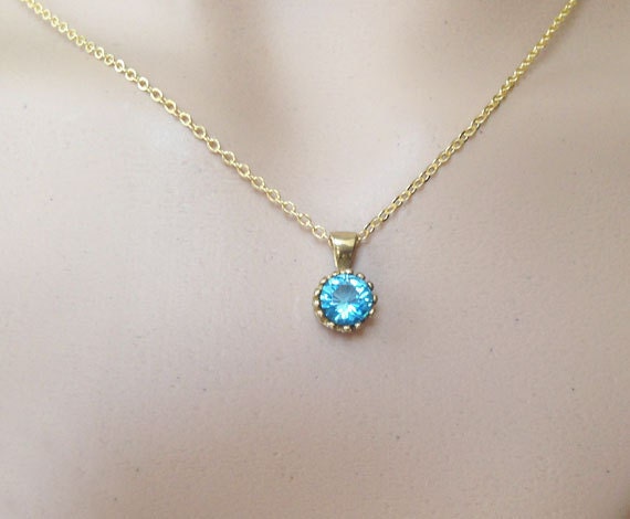 Blue Topaz Necklace - December Birthstone - Delicate Chain Necklace with Round Blue Topaz Gemstone - H.L.Jewelry