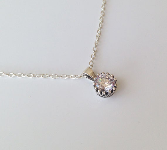 Clear Quartz Necklace - April Birthstone - Delicate Chain Necklace with Round Clear Quartz Gemstone - H.L.Jewelry