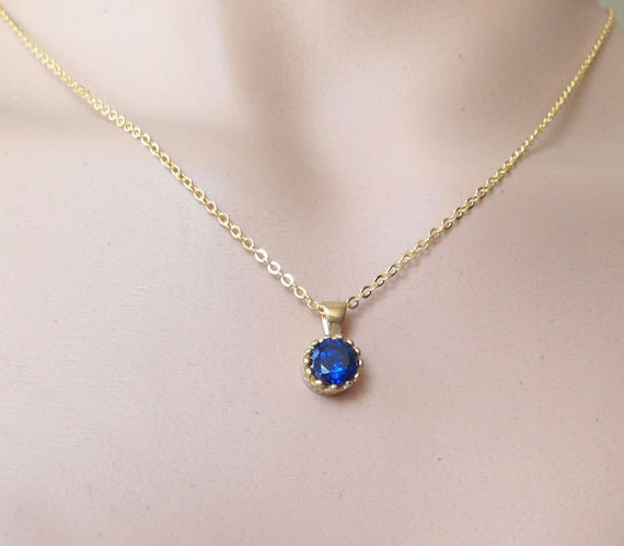 Blue Sapphire Necklace - September Birthstone - Delicate Chain Necklace with Round Blue Sapphire Gemstone - H.L.Jewelry