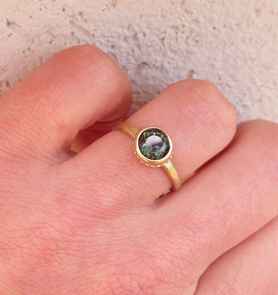 Green Tourmaline Ring - Simple Bezel Set Ring with Round Green Tourmaline Gemstone - H.L.Jewelry