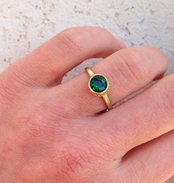 Emerald Ring - May Birthstone - Simple Bezel Set Ring with Round Emerald Gemstone - H.L.Jewelry