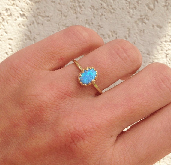 Blue Opal Ring - October Birthstone - Blue Opal Gemstone Oval Crown Delicate Hammered Band Ring - H.L.Jewelry