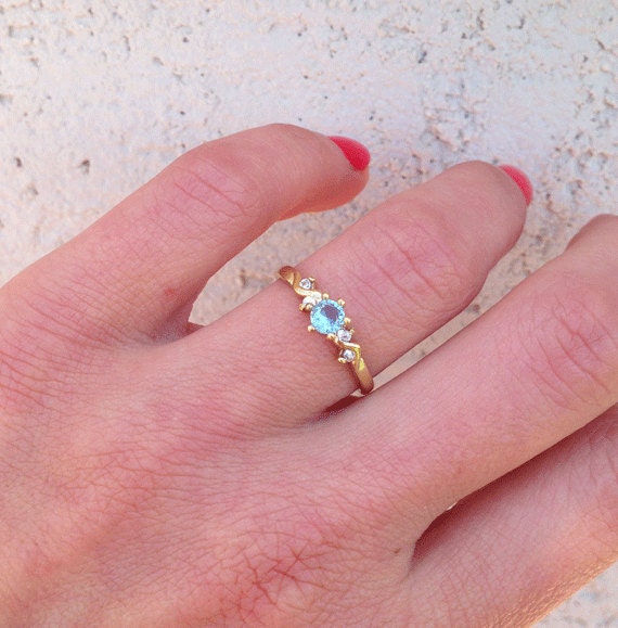 Aquamarine Ring - March Birthstone Jewelry - Delicate Ring with Round Aquamarine Gemstone and Clear Quartz Accents - H.L.Jewelry