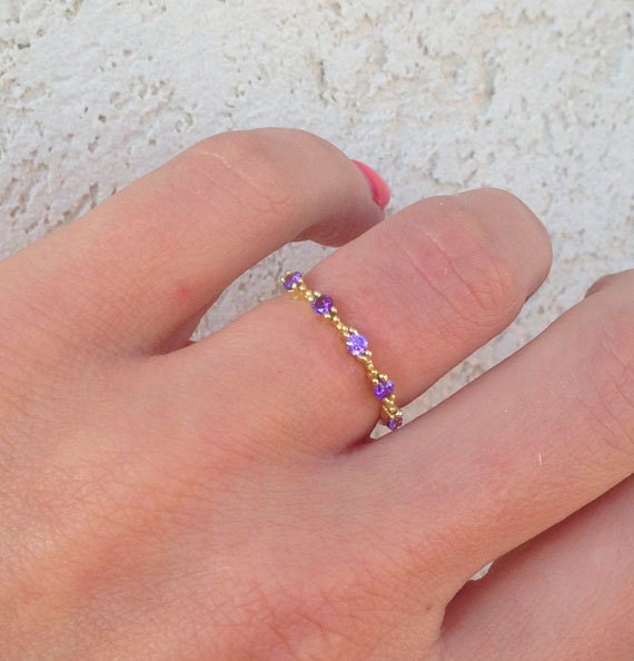 Amethyst Ring - February Birthstone - Stacking Ring with Five Round Purple Amethyst Stones - H.L.Jewelry