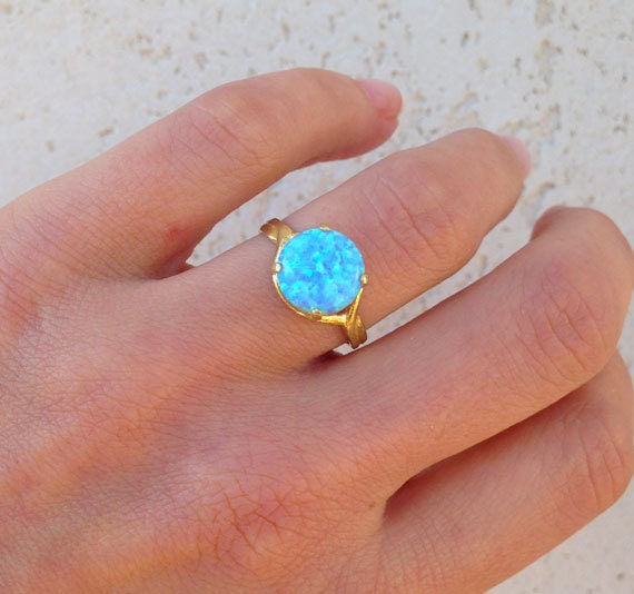 Blue Opal Ring - October Birthstone - Round Blue Opal Gemstone Statement Ring - H.L.Jewelry