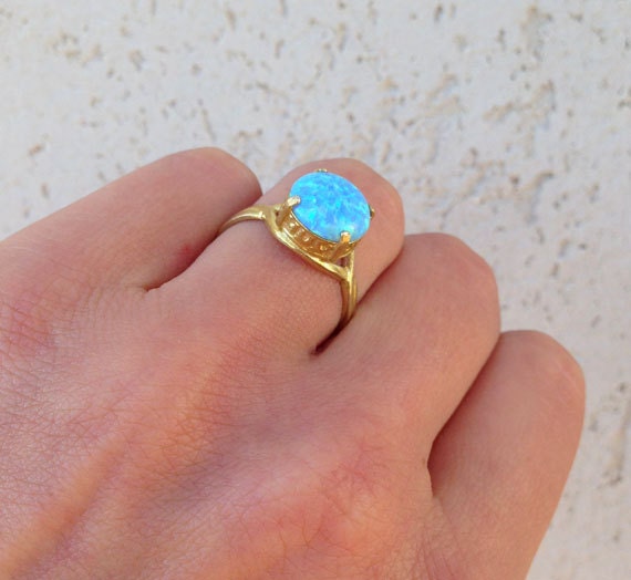 Blue Opal Ring - October Birthstone - Round Blue Opal Gemstone Statement Ring - H.L.Jewelry