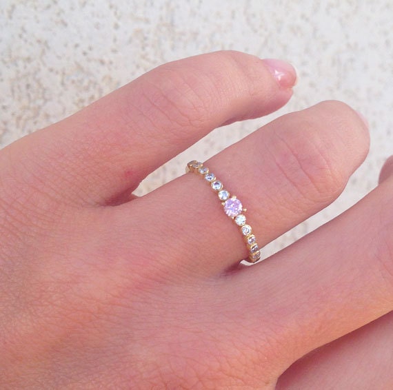 Rose Quartz Ring - Round Rose Quartz Gemstone Delicate Stacking Ring - H.L.Jewelry