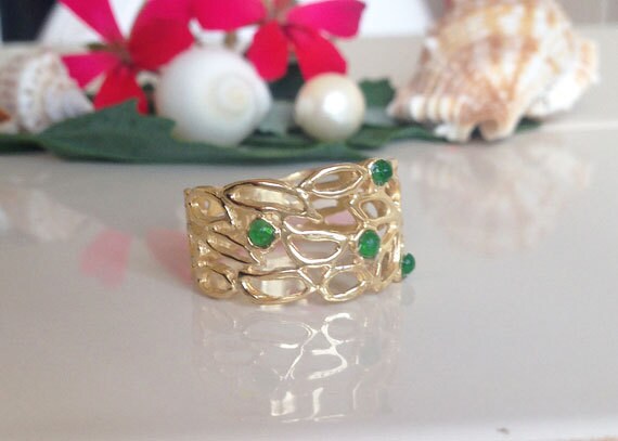 Green Onyx Ring - Lace Wide Band Ring with 4 Small Green Onyx Gemstones - H.L.Jewelry