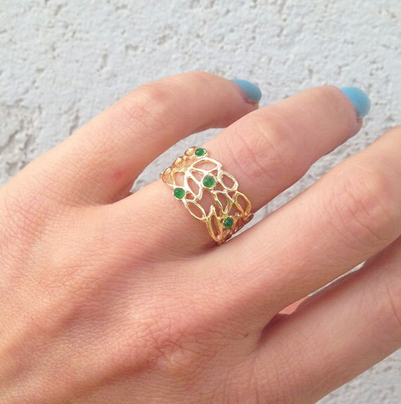 Green Onyx Ring - Lace Wide Band Ring with 4 Small Green Onyx Gemstones - H.L.Jewelry