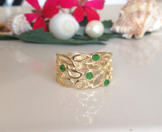 Green Onyx Ring - Lace Wide Band Ring with 4 Small Green Onyx Gemstones - H.L.Jewelry