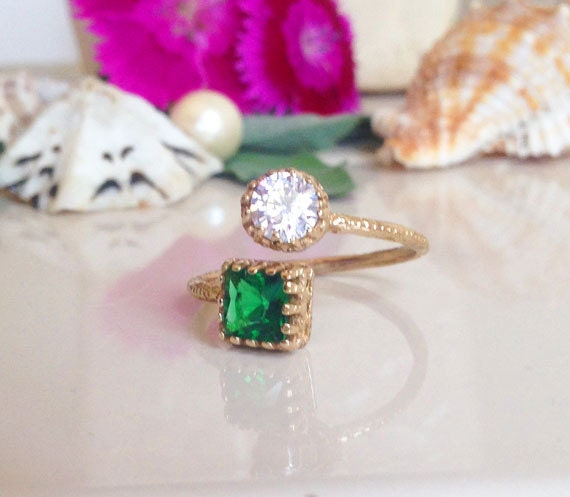 Dual Gemstone Ring - Two Birthstone Ring - Hammered Band Ring with Square Emerald and Round Clear Quartz Gemstones - H.L.Jewelry