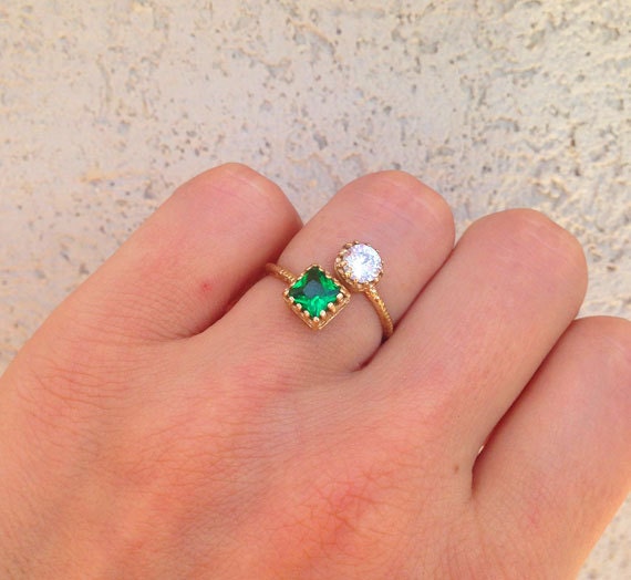 Dual Gemstone Ring - Two Birthstone Ring - Hammered Band Ring with Square Emerald and Round Clear Quartz Gemstones - H.L.Jewelry