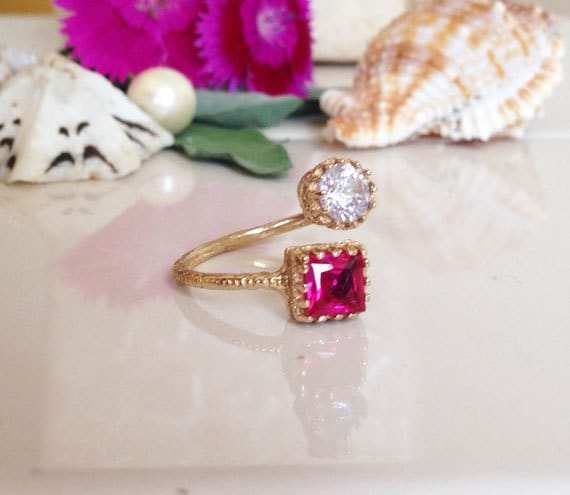 Dual Gemstone Ring - Two Birthstone Ring - Hammered Band Ring with Square Ruby and Round Clear Quartz Gemstones - H.L.Jewelry