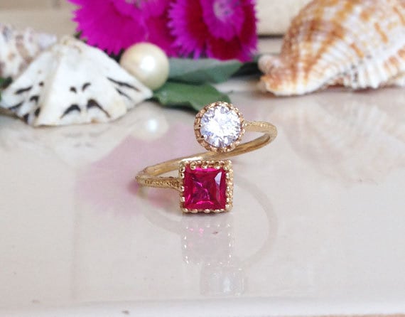 Dual Gemstone Ring - Two Birthstone Ring - Hammered Band Ring with Square Ruby and Round Clear Quartz Gemstones - H.L.Jewelry