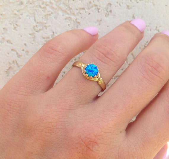 Blue Opal Ring - October Birthstone - Round Blue Opal Gemstone Simple Ring - H.L.Jewelry