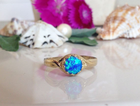 Blue Opal Ring - October Birthstone - Round Blue Opal Gemstone Simple Ring - H.L.Jewelry