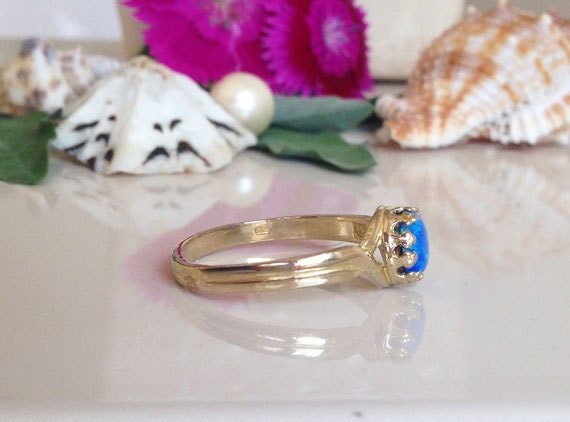 Blue Opal Ring - October Birthstone - Round Blue Opal Gemstone Simple Ring - H.L.Jewelry