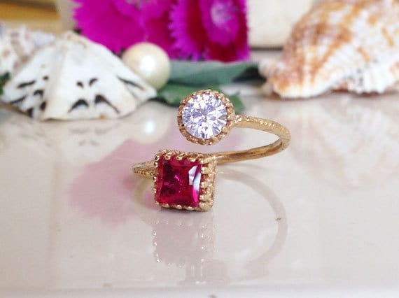 Dual Gemstone Ring - Two Birthstone Ring - Hammered Band Ring with Square Ruby and Round Clear Quartz Gemstones - H.L.Jewelry