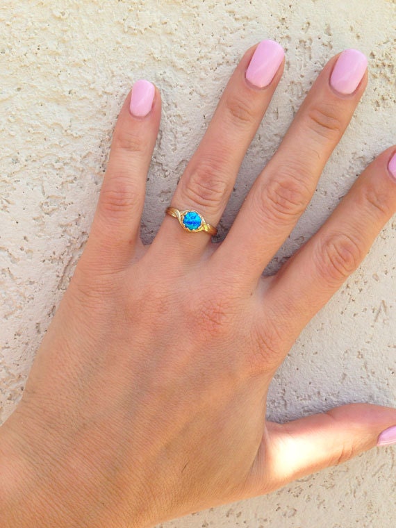 Blue Opal Ring - October Birthstone - Round Blue Opal Gemstone Simple Ring - H.L.Jewelry