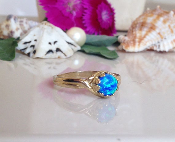 Blue Opal Ring - October Birthstone - Round Blue Opal Gemstone Simple Ring - H.L.Jewelry