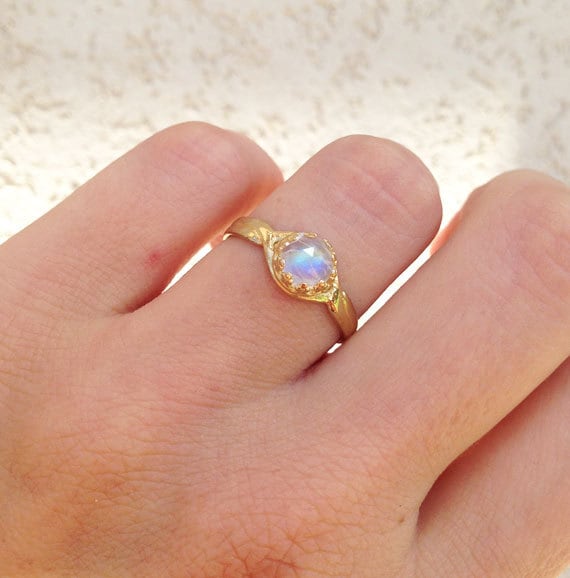 Rainbow Moonstone Ring - Genuine Gemstone - June Birthstone - Rainbow Ring - Gold Ring - Simple Ring - Stacking Ring - Bezel Ring - - H.L.Jewelry