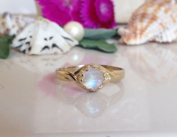 Rainbow Moonstone Ring - Genuine Gemstone - June Birthstone - Rainbow Ring - Gold Ring - Simple Ring - Stacking Ring - Bezel Ring - - H.L.Jewelry