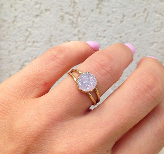 White Agate Druzy Ring - White Druzy Gemstone Simple Double Band Round Crown Ring - H.L.Jewelry