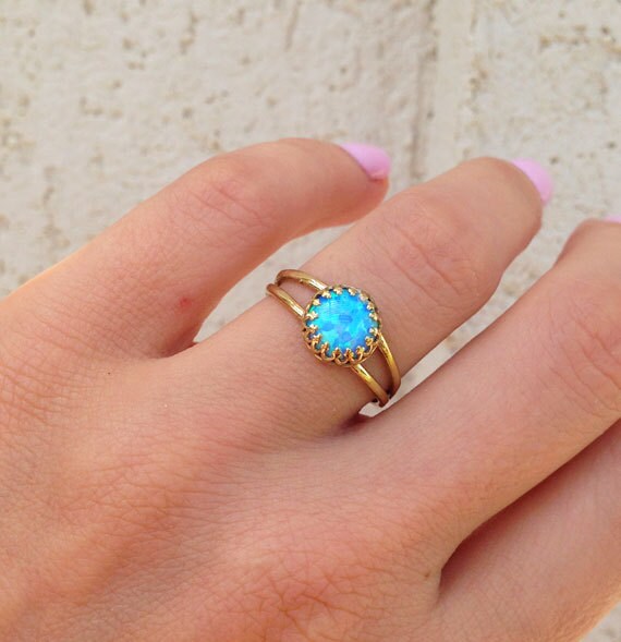 Blue Opal Ring - October Birthstone - Blue Opal Simple Double Band Round Crown Ring - H.L.Jewelry