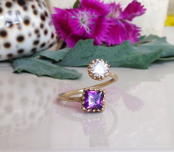 Dual Gemstone Ring - Two Birthstone Ring - Hammered Band Ring with Square Amethyst and Round Clear Quartz - H.L.Jewelry