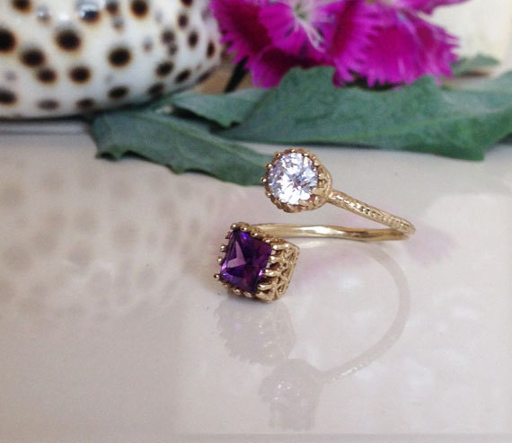 Dual Gemstone Ring - Two Birthstone Ring - Hammered Band Ring with Square Amethyst and Round Clear Quartz - H.L.Jewelry