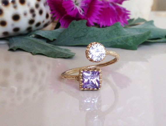 Dual Gemstone Ring - Two Birthstone Ring - Hammered Band Ring with Square Alexandrite and Round Clear Quartz - H.L.Jewelry