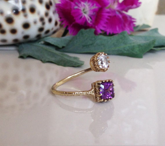 Dual Gemstone Ring - Two Birthstone Ring - Hammered Band Ring with Square Amethyst and Round Clear Quartz - H.L.Jewelry