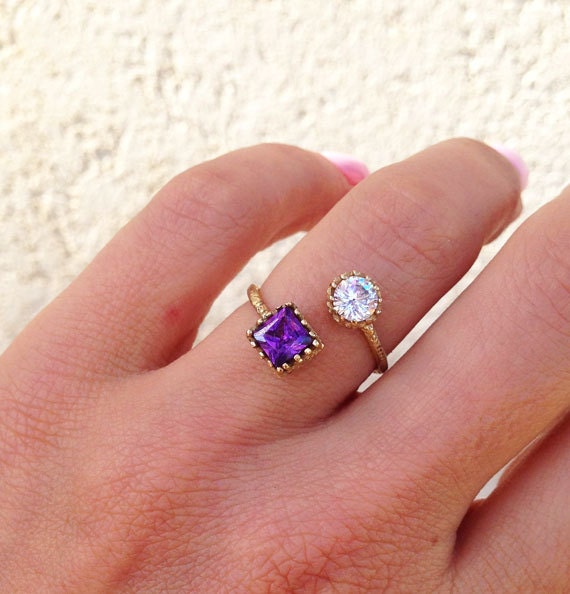 Dual Gemstone Ring - Two Birthstone Ring - Hammered Band Ring with Square Amethyst and Round Clear Quartz - H.L.Jewelry