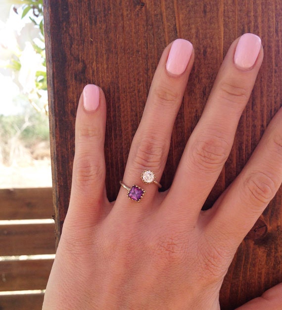 Dual Gemstone Ring - Two Birthstone Ring - Hammered Band Ring with Square Amethyst and Round Clear Quartz - H.L.Jewelry