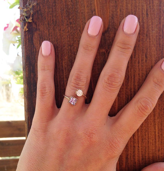 Dual Gemstone Ring - Two Birthstone Ring - Hammered Band Ring with Square Alexandrite and Round Clear Quartz - H.L.Jewelry