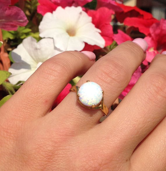 White Opal Ring - Round White Opal Gemstone Statement Ring - H.L.Jewelry