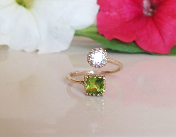 Dual Gemstone Ring - Two Birthstone Ring - Hammered Band Ring with Square Peridot and Round Clear Quartz Gemstones - H.L.Jewelry