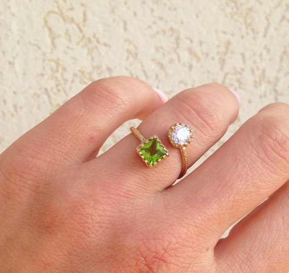 Dual Gemstone Ring - Two Birthstone Ring - Hammered Band Ring with Square Peridot and Round Clear Quartz Gemstones - H.L.Jewelry