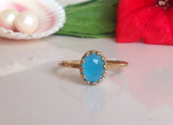 Blue Chalcedony Ring - Delicate Hammered Ring with Oval Blue Chalcedony Gemstone - H.L.Jewelry