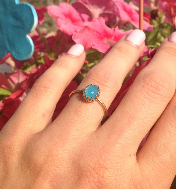 Blue Chalcedony Ring - Delicate Hammered Ring with Oval Blue Chalcedony Gemstone - H.L.Jewelry