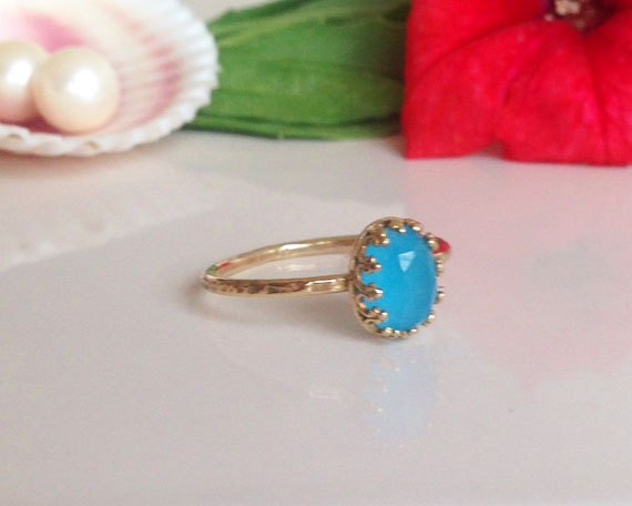 Blue Chalcedony Ring - Delicate Hammered Ring with Oval Blue Chalcedony Gemstone - H.L.Jewelry