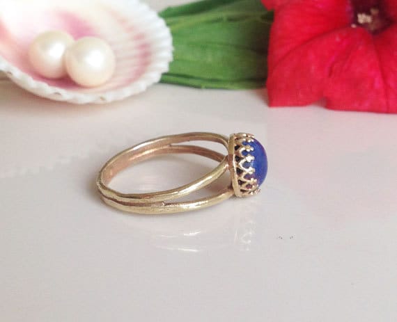 Blue Lapis Ring - Simple Double Band Round Crown Ring with Lapis Lazuli Stone - H.L.Jewelry