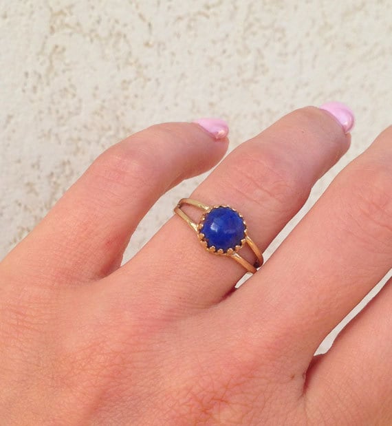 Blue Lapis Ring - Simple Double Band Round Crown Ring with Lapis Lazuli Stone - H.L.Jewelry