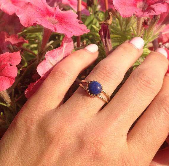 Blue Lapis Ring - Simple Double Band Round Crown Ring with Lapis Lazuli Stone - H.L.Jewelry